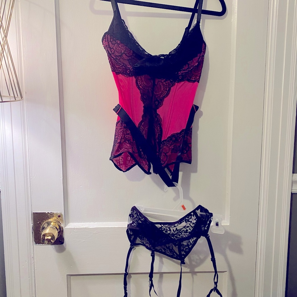 Pink lingerie top and garter